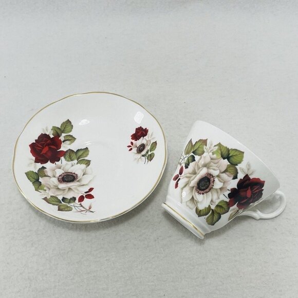 Vintage England Allyn Nelson Teacup Saucer Cup Set Red Rose White Flower Spring - Picture 3 of 10